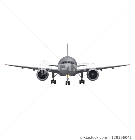 Front view of commercial airplane with landing gear extended, showcasing its sleek design and powerful engines. aircraft is set against transparent background, emphasizing its modern engineering 129396041