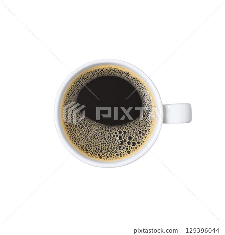 Steaming cup of black coffee in white ceramic mug viewed from above, showcasing rich, dark liquid and frothy bubbles. simplicity and elegance evoke sense of calm and focus 129396044