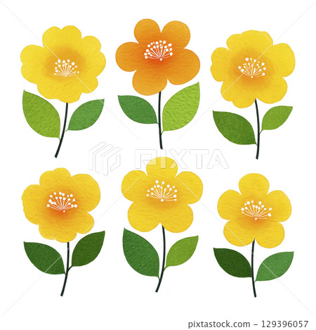 Six vibrant yellow and orange flowers with green leaves are arranged in two rows on transparency background, showcasing cheerful and colorful floral design 129396057