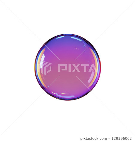 Vibrant, iridescent soap bubble with gradient of pink, purple, and blue hues floats against transparency background, showcasing its delicate and translucent nature 129396062
