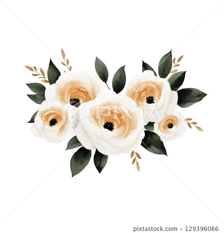 Elegant watercolor illustration of white and peach roses with lush green leaves, creating delicate and romantic floral arrangement. Perfect for wedding invitations or decor 129396066