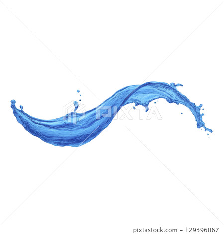 Dynamic splash of blue water forms graceful wave shape against transparent background, capturing motion and fluidity. vibrant color and movement evoke sense of freshness and energy 129396067