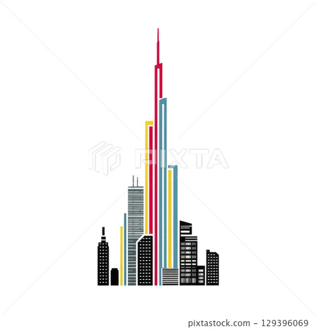 Colorful illustration of modern city skyline with tall skyscrapers, featuring vibrant red, blue, and yellow accents against transparency background. design is sleek and contemporary 129396069