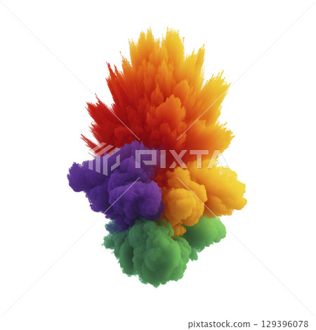 Vibrant explosion of colorful powder creates dynamic and energetic display, featuring shades of red, orange, yellow, green, and purple. abstract composition evokes sense of creativity 129396078