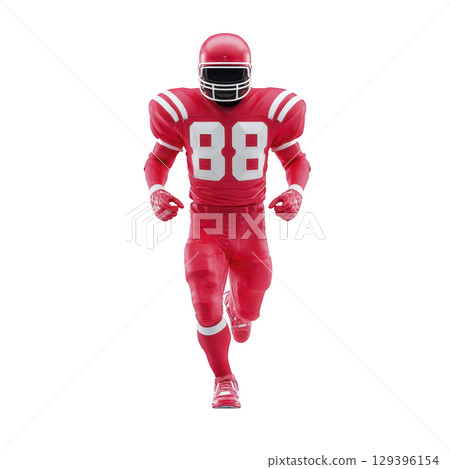 Football player in red uniform and helmet is running forward, showcasing athleticism and determination. uniform features number 88 prominently on chest 129396154