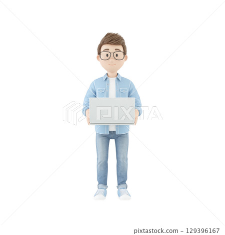 Cartoon character with glasses and blue jacket holds laptop, standing confidently. character wears jeans and sneakers, embodying casual, tech savvy style 129396167