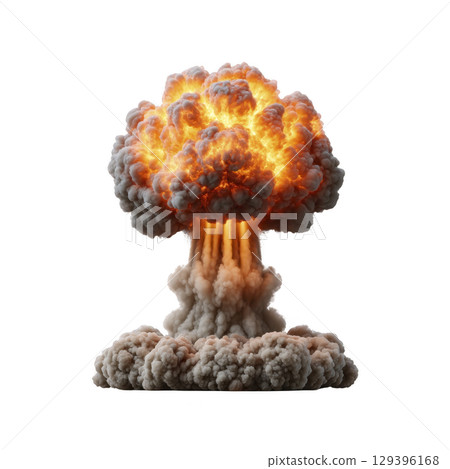 Powerful explosion with fiery mushroom cloud rises dramatically, showcasing intense energy and destruction. image captures dynamic movement of smoke and fire, evoking sense of awe and danger 129396168