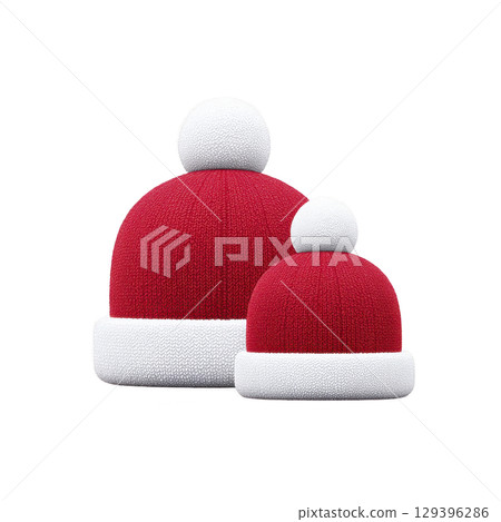Two red and white knitted winter hats with pom poms, one larger and one smaller, are displayed side by side. hats are cozy and festive, perfect for cold weather 129396286