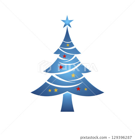 Stylized blue Christmas tree with star on top and red and yellow stars as decorations, set against transparent background, conveys festive and modern holiday theme 129396287