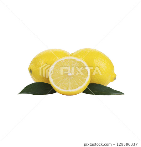 Fresh lemons with sliced half and green leaves on transparency background, showcasing vibrant yellow color and juicy texture. Perfect for culinary and refreshing uses 129396337