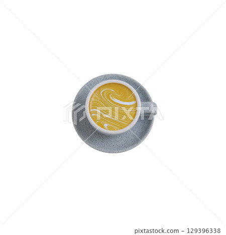 Top view of cup of golden turmeric latte with intricate latte art, set against transparency background. vibrant yellow color contrasts with speckled gray cup and saucer, creating visually 129396338