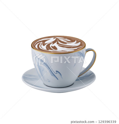 Beautifully crafted cappuccino with intricate latte art sits in elegant marbled cup and saucer, creating sophisticated and inviting atmosphere 129396339