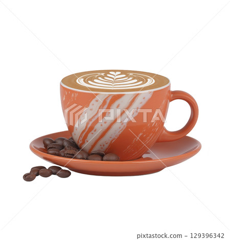 Vibrant orange coffee cup with latte art sits on matching saucer, surrounded by coffee beans, creating warm and inviting atmosphere 129396342