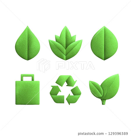 Green eco friendly icons featuring leaves, recycling symbol, and bag, symbolizing sustainability and environmental awareness. vibrant green color emphasizes nature and conservation 129396389