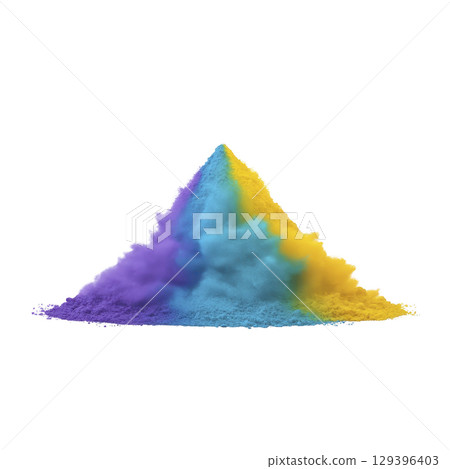Vibrant pile of colorful powder featuring shades of purple, blue, and yellow, creating dynamic and artistic display. colors blend seamlessly, evoking sense of creativity and energy 129396403