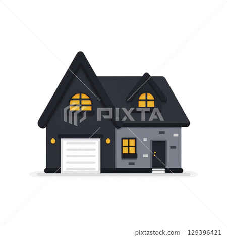 Cozy, dark themed house illustration with glowing windows and garage, evoking warmth and comfort 129396421