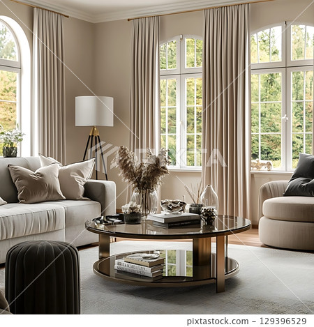 Living room with a couch, coffee table, and two chairs Living room with a couch, coffee table, and two chairs 129396529