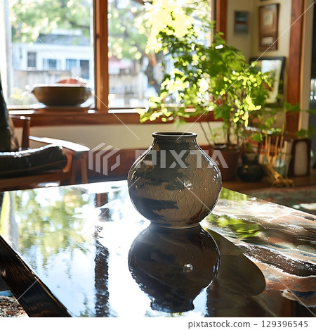 Vase sits on a table in a living room Vase sits on a table in a living room 129396545
