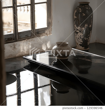 Vase sits on a table in a room with a window Vase sits on a table in a room with a window 129396546