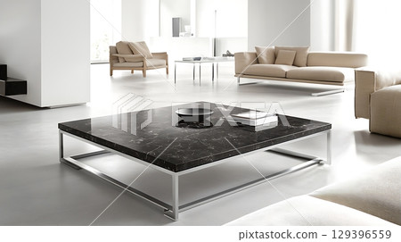 Black marble coffee table sits in a living room with a white couch Black marble coffee table sits in a living room with a white couch 129396559