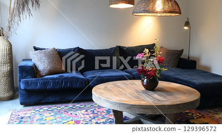 Living room with a blue couch and a coffee table with a vase of flowers on it Living room with a blue couch and a coffee table with a vase of flowers on it 129396572