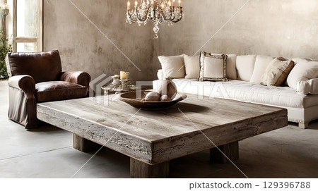 Living room with a brown leather chair and a white couch 129396788