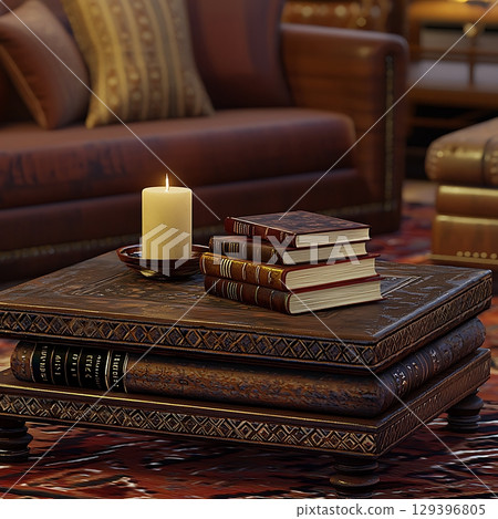 Candle is lit on a wooden coffee table with a stack of books on top Candle is lit on a wooden coffee table with a stack of books on top 129396805