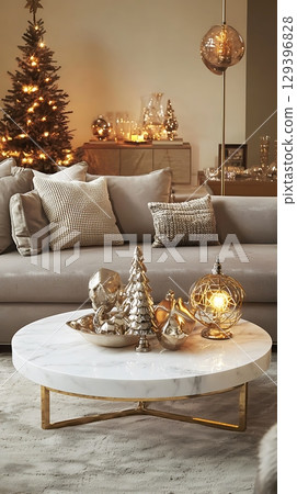 Living room with a Christmas tree and a white coffee table 129396828