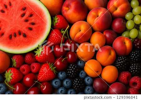 Assortment of fresh summer fruits excluding oranges 129396841