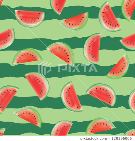 Tropical fruit seamless border. Watermelon pulp and skin seamless pattern.. Watermelon juicy drink texture. 129396906