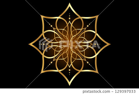 Sacred Lotus flower, gold line art floral ornament, luxury logo design. Flower blossom symbol of yoga, spa, beauty salon, cosmetics, relax, brand style. Vector isolated on black background 129397033