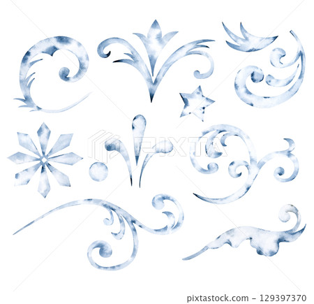 A set of elements of a winter frosty ornament, hand-drawn. The watercolor illustration is isolated on a white background. Silvery shapes and swirls from the winter pattern on the glass. 129397370