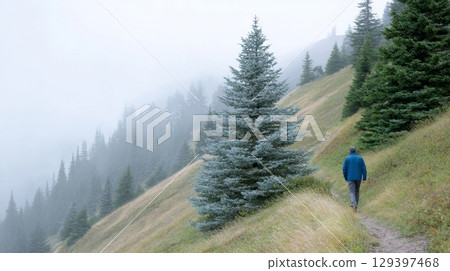 Individual hiking along a misty mountain trail surrounded by evergreen trees, embracing nature's tranquility and the essence of slow travel 129397468