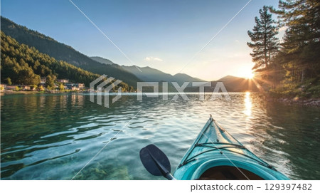 Kayak floating on tranquil lake at sunset, surrounded by lush mountains and trees, inviting a peaceful nature escape and digital detox experience 129397482