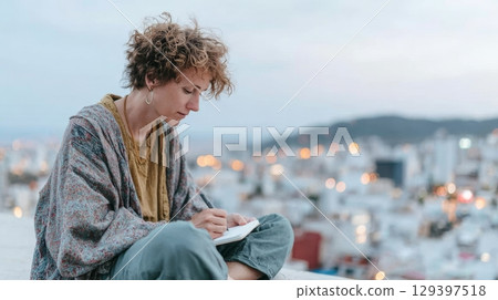 Solo traveler sits on rooftop, journaling at sunset, surrounded by city lights, embodying freedom and self-discovery in modern lifestyle 129397518