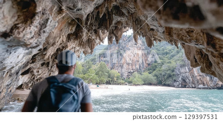Solo traveler gazes out from a cave entrance at a serene beach, surrounded by lush greenery and rocky cliffs, embracing adventure and freedom 129397531