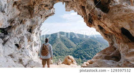 Solo traveler gazes at breathtaking mountain view from cave entrance, embracing freedom and adventure in nature's stunning landscape 129397532