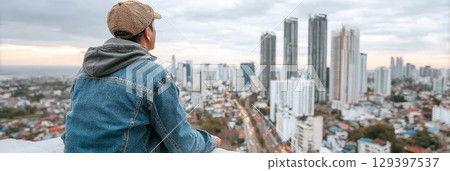 Solo traveler gazes over a vibrant city skyline, reflecting on freedom and self-discovery in a modern urban landscape 129397537