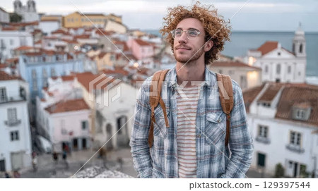 Solo traveler gazes thoughtfully over vibrant cityscape, embodying freedom, self-discovery, and the spirit of adventure in modern lifestyle 129397544