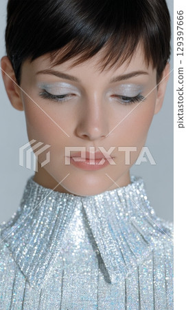 Model showcases galactic fashion with silver fabric and holographic accents in a space-themed setting Model showcases galactic fashion with silver fabric and holographic accents in a space-themed setting 129397666