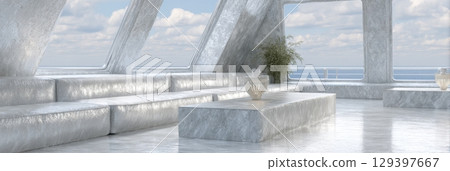 Futuristic interior showcasing silver fabric seating with a panoramic view of the galaxy outside Futuristic interior showcasing silver fabric seating with a panoramic view of the galaxy outside 129397667