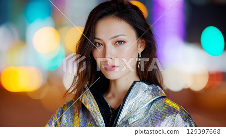 Model presents a sleek, holographic jacket that captures the cosmic vibe against a lively nighttime backdrop 129397668