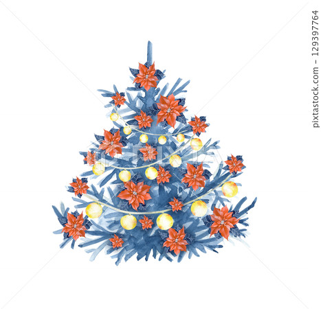 Christmas tree with garlands and poinsettia on a white background. Watercolor illustration. A traditional Christmas element for your design. Christmas tree with garlands and poinsettia on a white background. Watercolor illustration. A traditional Christmas element for your design. 129397764