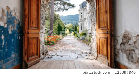 Open doors reveal a beautifully maintained garden pathway, inviting a sense of calm and elegance 129397846