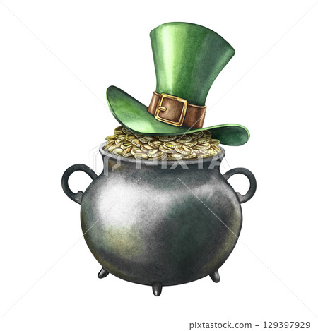 A cast-iron pot with coins covered with a leprechaun's top hat. Hand-drawn watercolor illustration. For St. Patrick's Day. For greeting cards, banners and flyers, packaging, invitations, holiday decor A cast-iron pot with coins covered with a leprechaun's top hat. Hand-drawn watercolor illustration. For St. Patrick's Day. For greeting cards, banners and flyers, packaging, invitations, holiday decor 129397929
