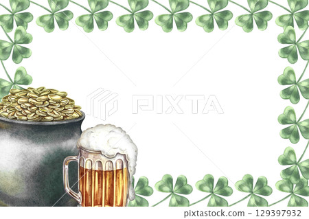 A frame made of clover, a pot with gold coins, and a mug of beer. Hand-drawn watercolor illustration. For St. Patrick's Day. For greeting cards, banners and flyers, packaging, invitations, and more. A frame made of clover, a pot with gold coins, and a mug of beer. Hand-drawn watercolor illustration. For St. Patrick's Day. For greeting cards, banners and flyers, packaging, invitations, and more. 129397932