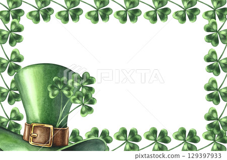Clover trefoil frame and leprechaun's top hat. Hand-drawn watercolor illustration. For St. Patrick's Day. For greeting cards, banners and flyers, packaging, invitations, and more. Clover trefoil frame and leprechaun's top hat. Hand-drawn watercolor illustration. For St. Patrick's Day. For greeting cards, banners and flyers, packaging, invitations, and more. 129397933