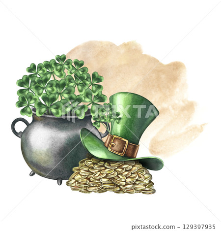 A pile of gold coins under a leprechaun's top hat and a cauldron with clover. Hand-drawn watercolor illustration. Conceptual design for St. Patrick's Day. Composition on a watercolor background. A pile of gold coins under a leprechaun's top hat and a cauldron with clover. Hand-drawn watercolor illustration. Conceptual design for St. Patrick's Day. Composition on a watercolor background. 129397935