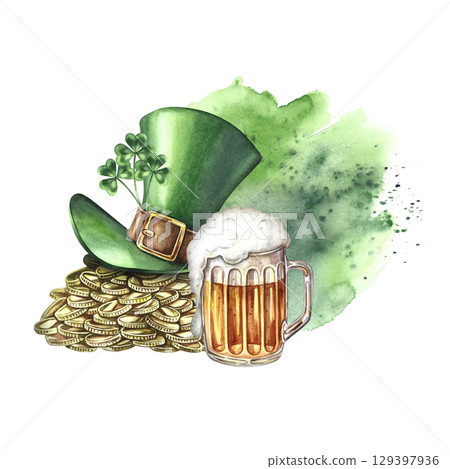 A pile of gold coins under a leprechaun's hat and a mug of beer. Hand-drawn watercolor illustration. Conceptual design for St. Patrick's Day. Composition on a green watercolor background. 129397936