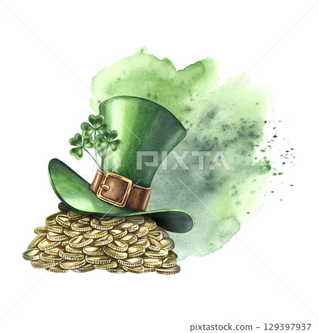 A pile of gold coins under a leprechaun's top hat. Hand-drawn watercolor illustration. Green composition on a watercolor splash background. Conceptual design for St. Patrick's Day. A pile of gold coins under a leprechaun's top hat. Hand-drawn watercolor illustration. Green composition on a watercolor splash background. Conceptual design for St. Patrick's Day. 129397937